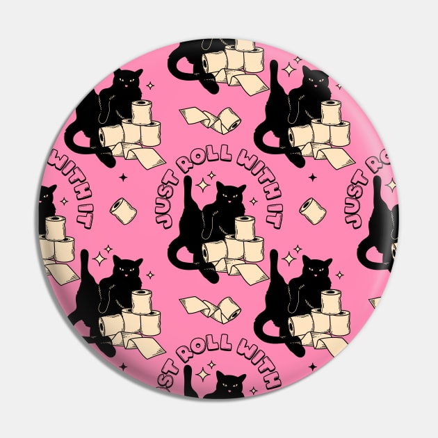 Roll with it Black Cat Pattern in pink Pin by The Charcoal Cat Co.
