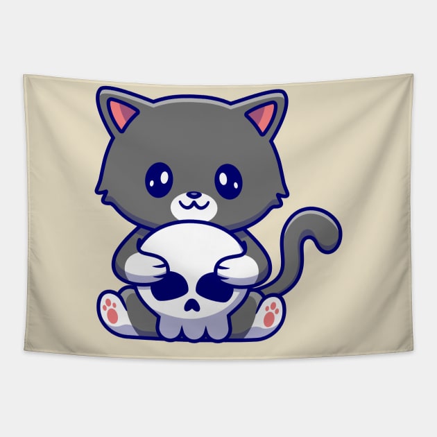 Cute Cat Holding Skull Bone Cartoon Tapestry by Catalyst Labs