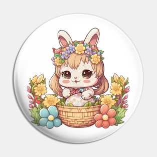 Anime Easter Bunny Girl In Basket. Spring Rainbow Flowers and Easter Eggs Pin