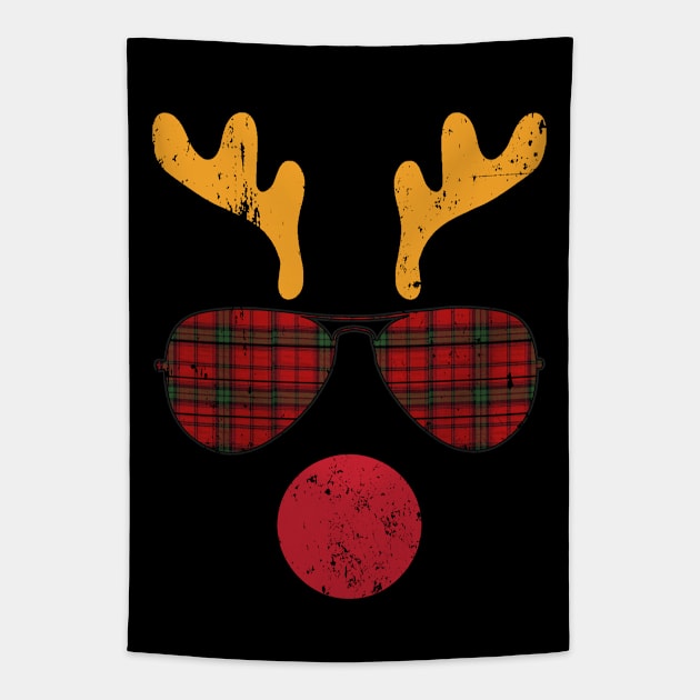 Cool Reindeer Face With Plaid Sunglasses Funny Christmas Tapestry by Etopix