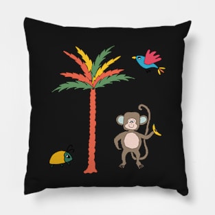 Monkey and banana with tropical bird, beetle and palm tree - kids décor and stickers Pillow