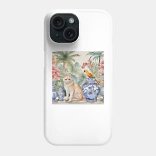 Ginger cat and macaw parrot in chinoiserie landscape Phone Case