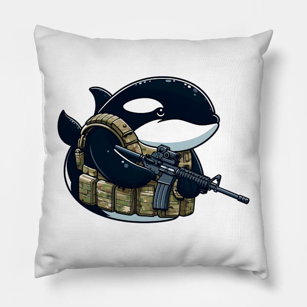 Tactical Orca Majesty Tee: Where Strength Meets Oceanic Elegance Pillow by Rawlifegraphic