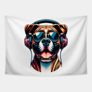 Grinning Boxer as Smiling DJ with Headphones and Sunglasses Tapestry
