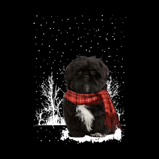 Christmas Black Shih Tzu With Scarf In Winter Forest by Tagliarini Kristi