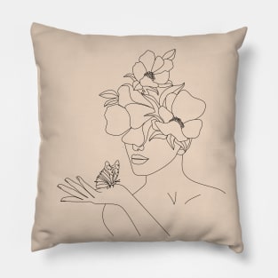 Woman with flowers on her head holding a butterfly line drawing Pillow