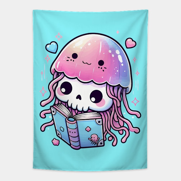 Kawaii Skeleton In a Jellyfish Costume Reading Book Tapestry by TomFrontierArt