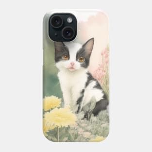 Black-white Cat in the Flower Garden Soft Pastel Colors Phone Case