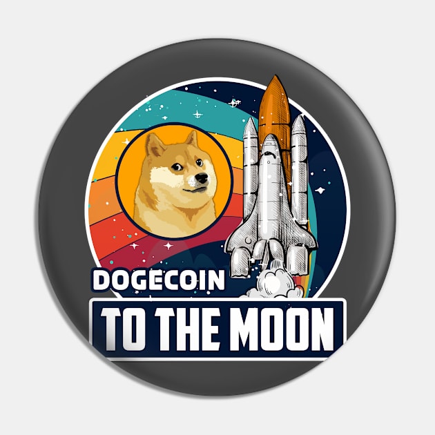 Dogecoin to the Moon Digital Crypto BTC Retro Spaceship Pin by TheBeardComic