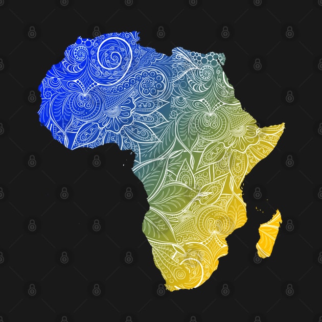 Colorful mandala art map of Africa with text in blue and yellow by Happy Citizen