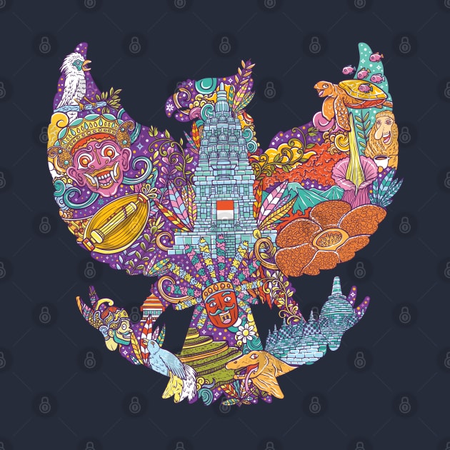 colorful illustration doodle of indonesia with garuda pancasila shape by ginanperdana