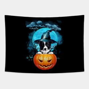 Border Collie Witch Hat Pumpkin And Blue Moon Halloween Tapestry