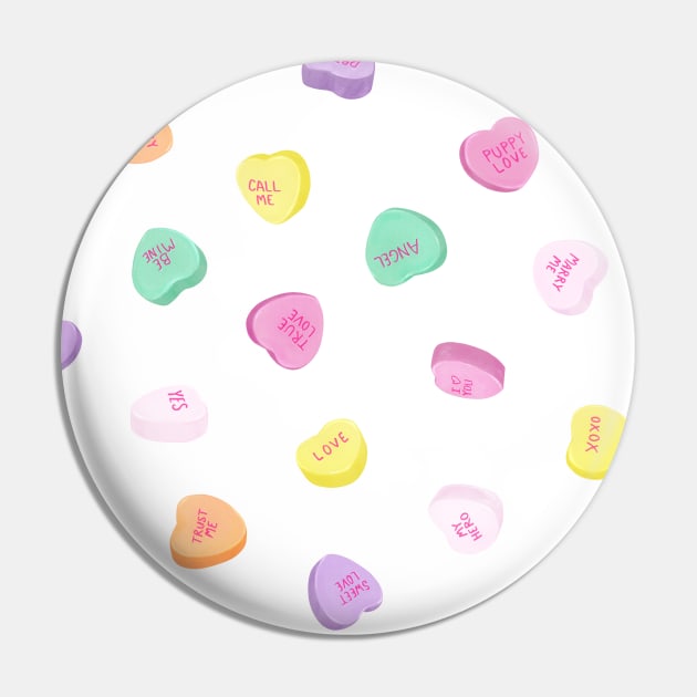 Valentines Day Conversation Hearts Candies Pattern - White Pin by JessySketches