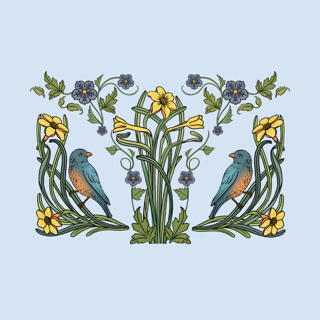 Art Nouveau Bluebirds, Sunflowers And Daffodils by LittleBunnySunshine