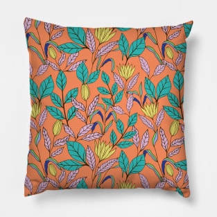 Tropical leaves and flowers botanical pattern in orange Pillow