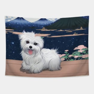 Cute Shih Tzu Maltese Dog Puppy at Japanese Mounts of Fuji Tapestry