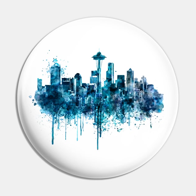 Seattle Skyline monochrome watercolor Pin by Marian Voicu