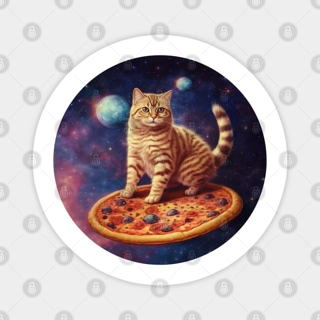 Funny Galaxy Cat In Space Cat Riding Pizza Magnet by Happy Shirt