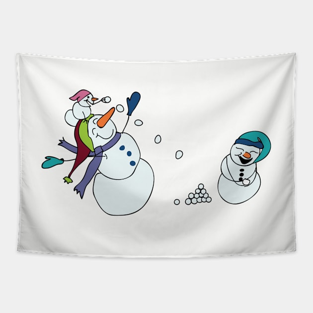 Snowmen having a snowball fight Tapestry by MegMarchiando