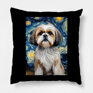 Cute Shih Tzu Dog Breed Painting in a Van Gogh Starry Night Art Style Pillow