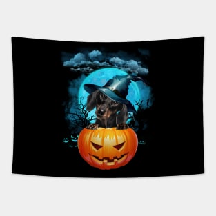Black Dachshund Witch Hat Pumpkin And Blue Moon Halloween Tapestry