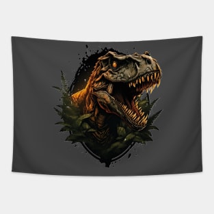 Fury Unleashed: T-Rex Head Emerging from the Undergrowth Tapestry