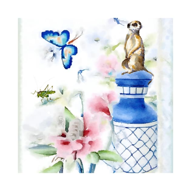 Chinoiserie watercolor with meerkat, flowers and butterflies by SophieClimaArt