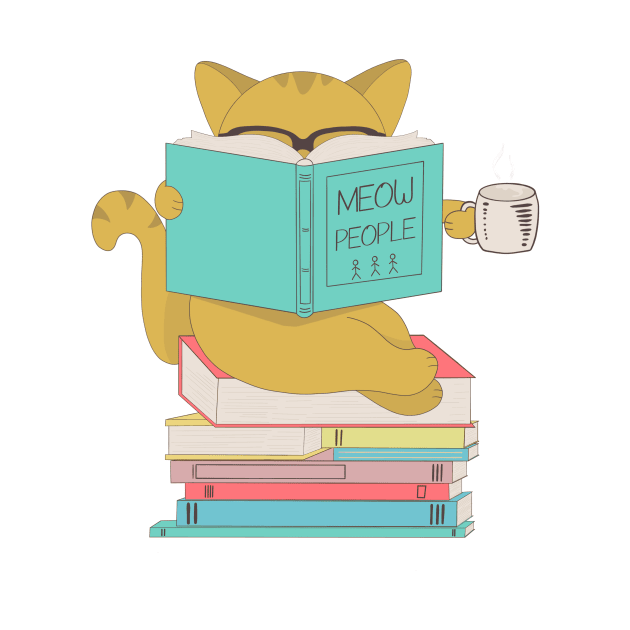 Cat with glasses drinking coffee or tea and reading book by gogo-jr