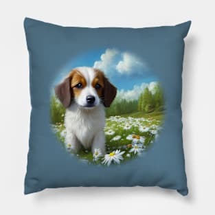 Small white dog runs through a flower field Pillow