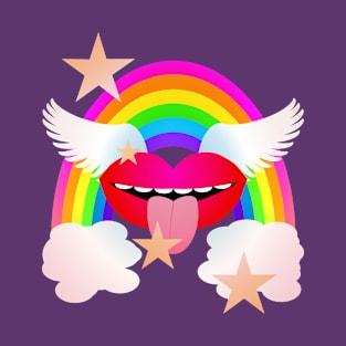 Groovy Winged Lips, Rainbow & Stars - RED T-Shirt