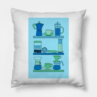 Coffee Shelves in blues and greens Pillow