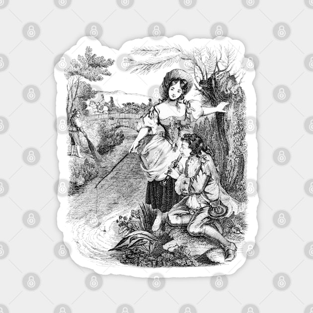 Idyllic Rustic Scene with a Girl and a Shepherd. Black and White Vintage Illustration Magnet by Biophilia