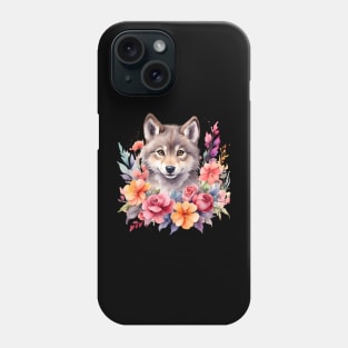 A wolf decorated with beautiful watercolor flowers Phone Case