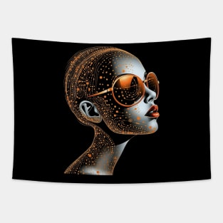 Vector Drawing - Robot-Girl in Sunglasses, Surrealism, Beautifully Transparent, Graphic with Elegant Patterns and Design, a New Fashionable Style Tapestry