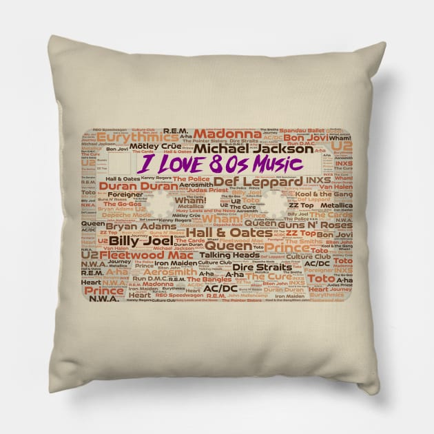 80s Music Wordcloud for Lighter Backgrounds Pillow by WYL - Words You Love