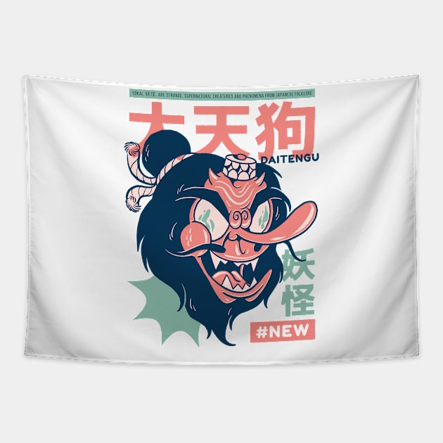 Funny Retro 90s Japanese Kawaii Daitengu Yokai Tapestry by Hmus