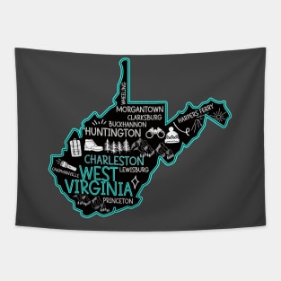 Cute map of West Virginia Charleston Lewisburg Huntington Morgantown Buckhannon Tapestry