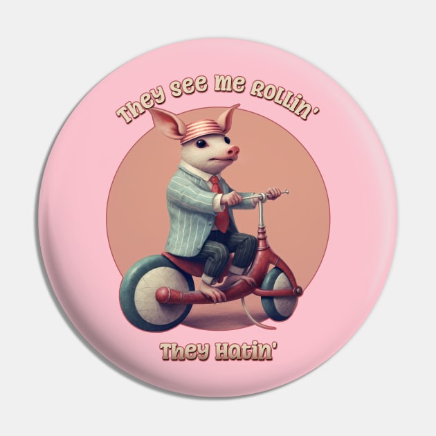 They See Me Rollin', They Hatin' Funny Piglet on a Scooter Pin by DanielLiamGill