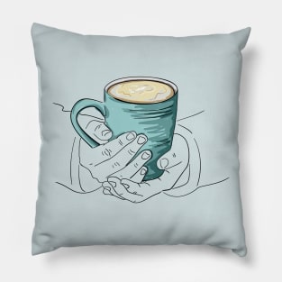 Cup of hot tea, cacao or coffee warming hands Pillow