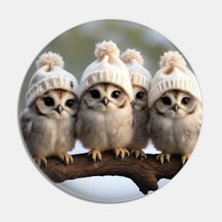 Four Owls in Woolly Hats Pin