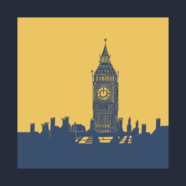 Big Ben and London Skyline in Blue and Mustard yellow by Maddybennettart