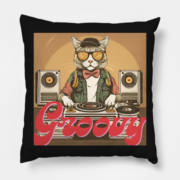 Groovy retro-style DJ chat Pillow by 617406