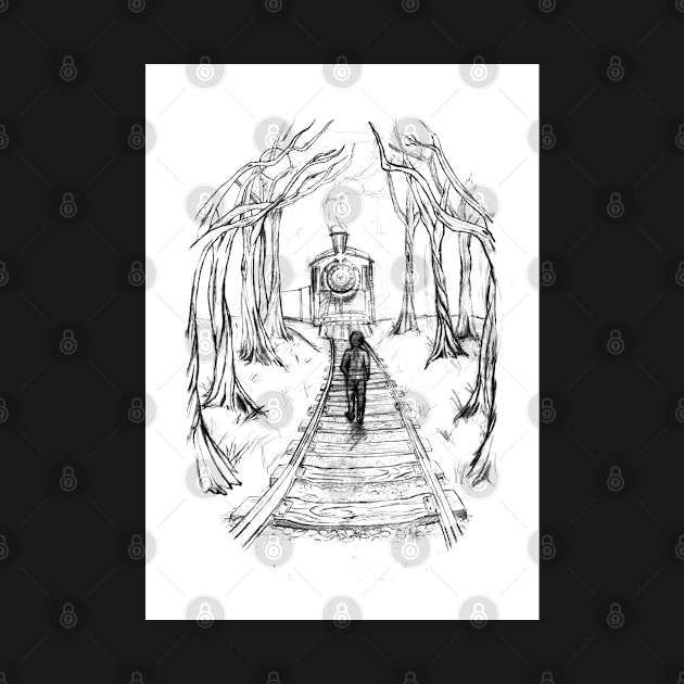 Old Railroad , Black and White boy and train in woods with moon landscape creepy Illustration by IrenesGoodies