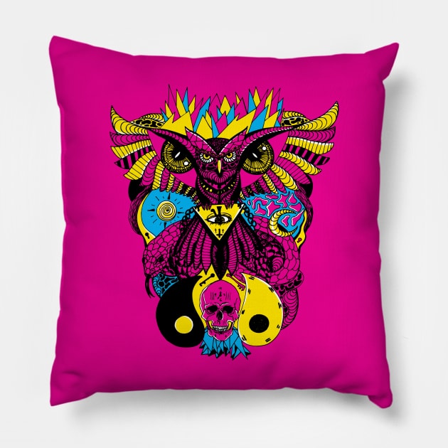 CMYK Owl And Ageless Skull Pillow by kenallouis