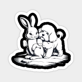 Black and White Illustration of a Rabbit and a Puppy Sitting Close Together Magnet