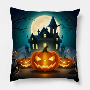 Ghoulish Glow - Pumpkin and Haunted House Halloween Pillow