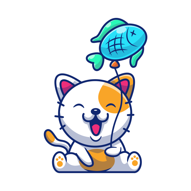 Cute Cat Playing Fish Balloon Cartoon by Catalyst Labs