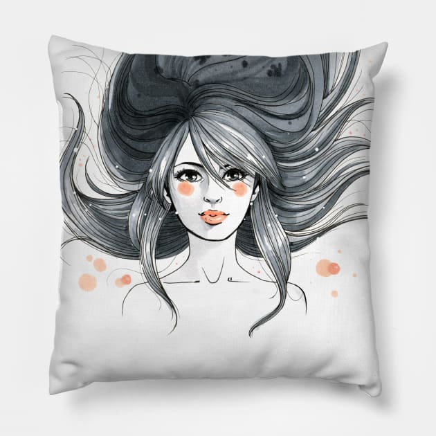 Beauty Blowing Hair Wind Woman Pillow by jessicaguarnido