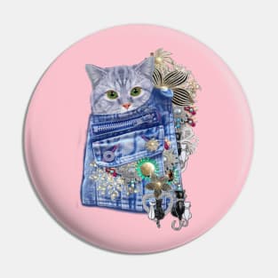 Blue Denim, lace - Costume Jewelry & Cute kitten Pin
