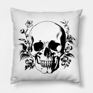 Vintage Black and White Human Skull with Leaves and Flowers Pillow